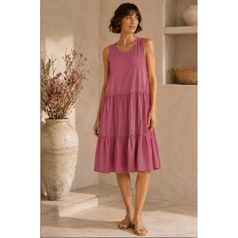 Loft Cotton Tiered  Barbie Pink Cottage Farmhouse Lagenlook Large Tank Dress